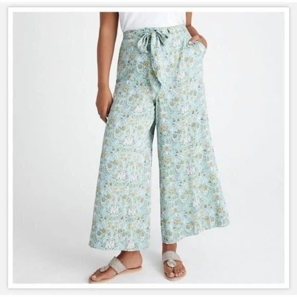 Anthropologie Pale Aqua Floral Wide-Leg Pants
